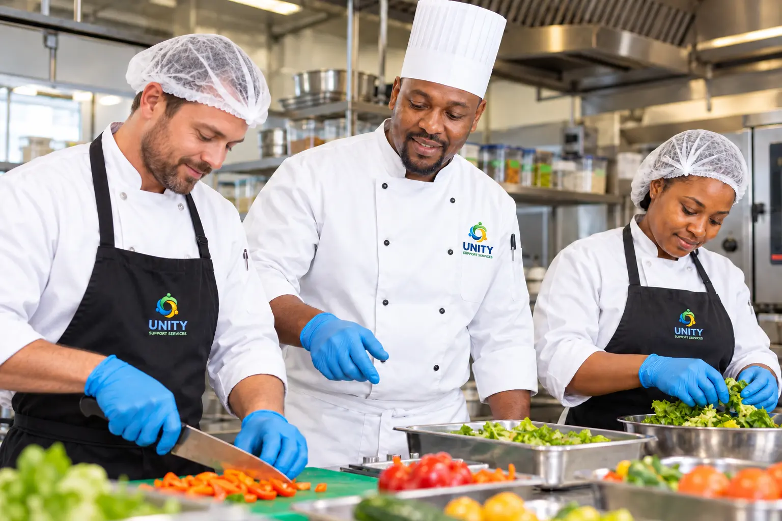 Illustrative Unity-branded catering team preparing fresh food